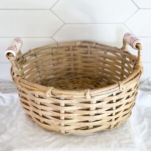 Vintage Antique basket with ceramic delft pink handles